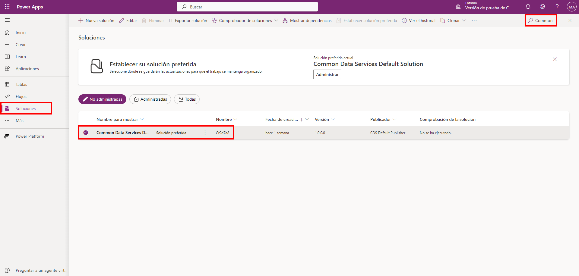 Captura de pantalla de los pasos para abrir la solución predeterminada de Common Data Services en el entorno