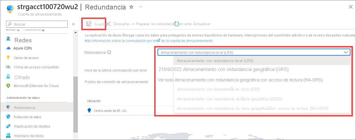 Screenshot of the geo-replication page, where you can change the replication from LRS to GRS.