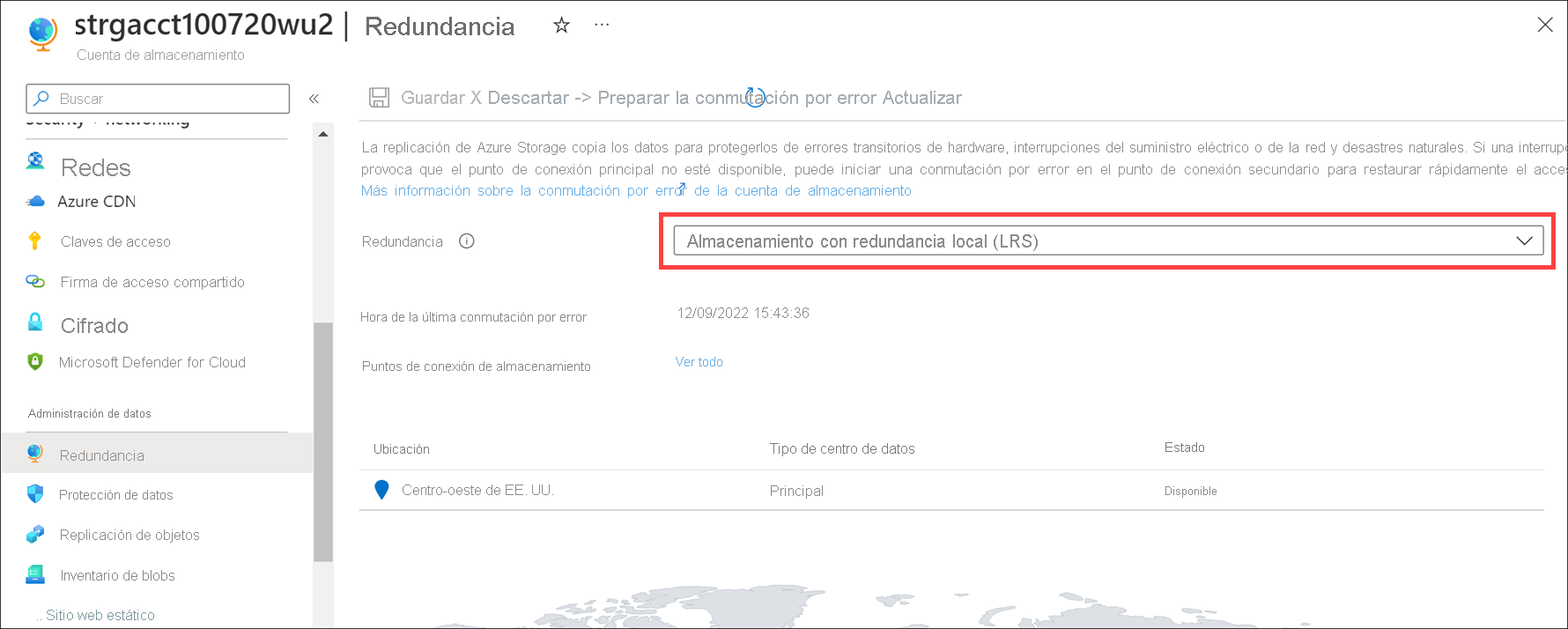 Screenshot of the geo-replication page that shows the replication type is now LRS and data is stored in one location.