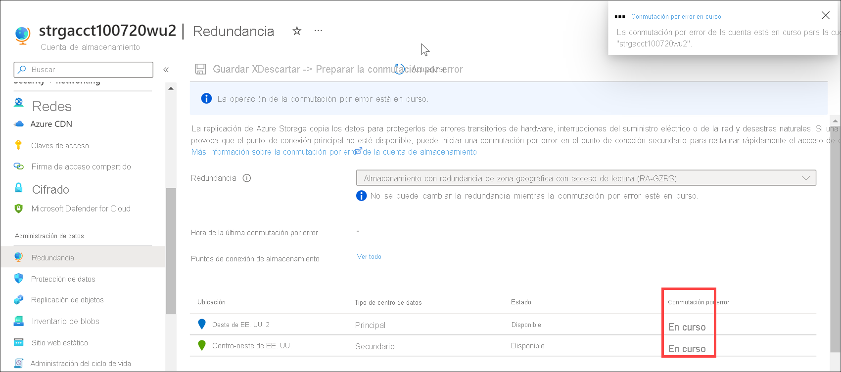 Screenshot of the geo-replication page that shows the failover status is in progress.