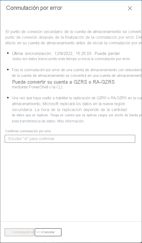 Screenshot that shows the last sync time and requests you confirm failover by entering yes.