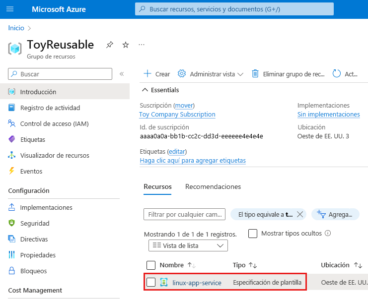 Captura de pantalla de Azure Portal que muestra el grupo de recursos, con la especificación de plantilla resaltada.