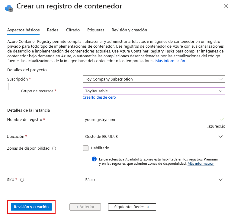 Captura de pantalla de Azure Portal que muestra la página de creación del registro de contenedor.