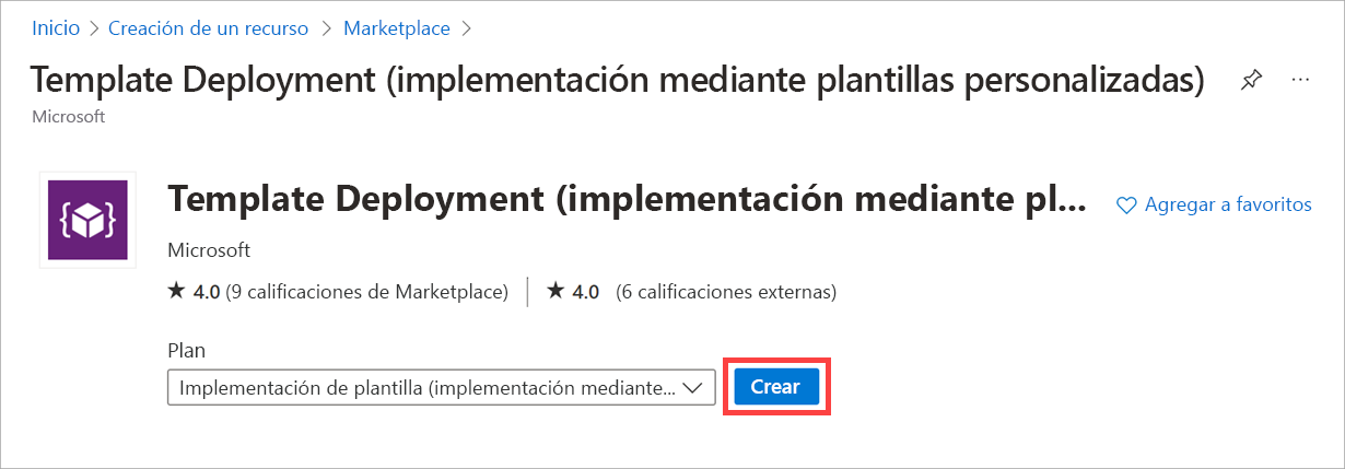 Captura de pantalla que muestra el elemento Implementación de plantillas seleccionado con el botón Crear resaltado.