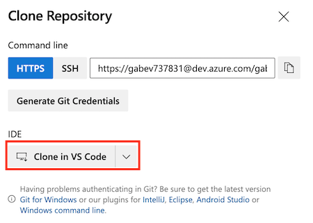 Captura de pantalla de Azure DevOps en la que se muestra la configuración del repositorio, con el botón para clonar en Visual Studio Code resaltado.