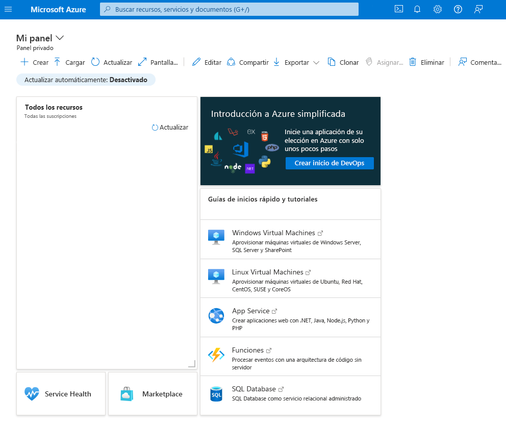 Captura de pantalla en la que se muestra el panel predeterminado en Azure Portal.