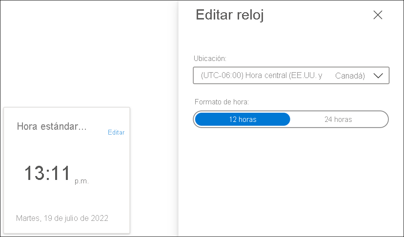 Captura de pantalla que muestra la configuración de edición del reloj para el icono de reloj en Azure Portal.