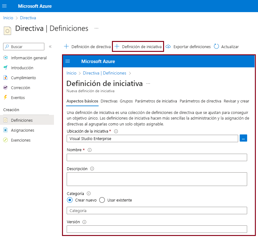 Screenshot that shows how to create a new initiative definition.