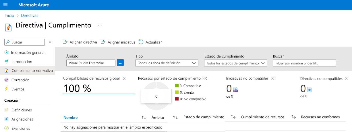 Screenshot that shows how to use the compliance feature to look for non-compliant initiatives, policies, and resources.