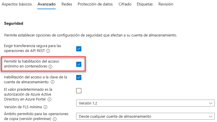 Captura de pantalla que muestra cómo habilitar los contenedores de acceso anónimo en una cuenta de almacenamiento.