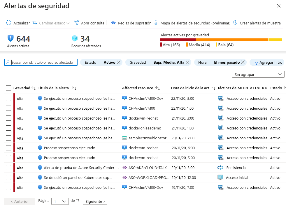 Recorte de pantalla de la lista alertas de seguridad activa.