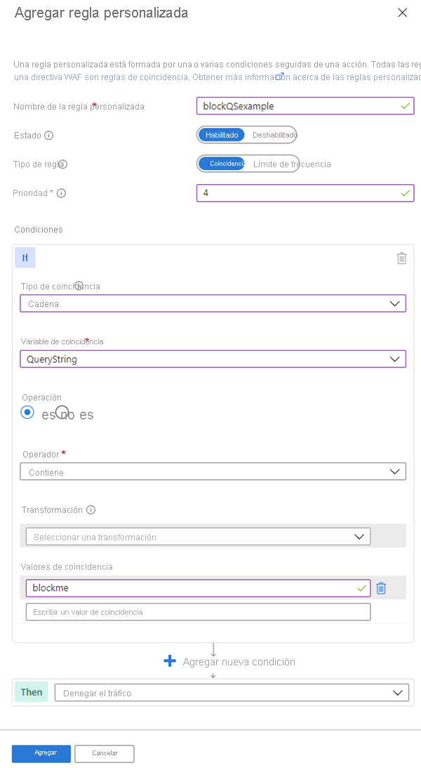 Captura de pantalla de la configuración de reglas personalizadas de la directiva WAF.