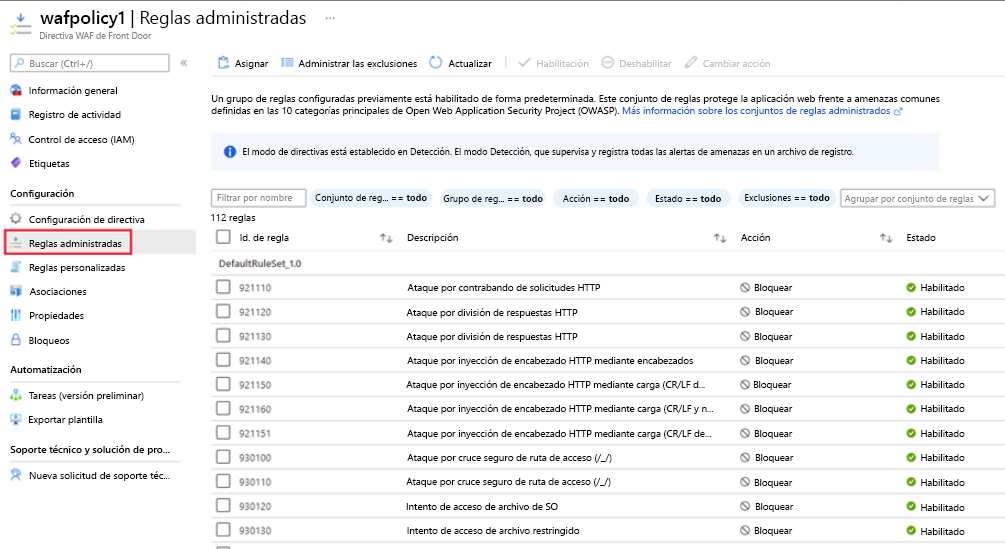 Captura de pantalla de las reglas administradas por directivas de WAF.