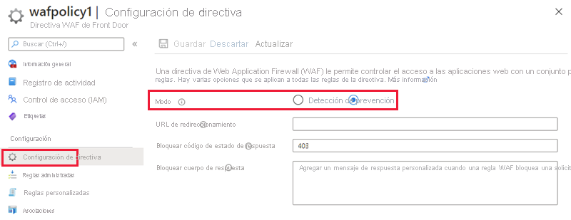 Captura de pantalla de los modos de directiva WAF.