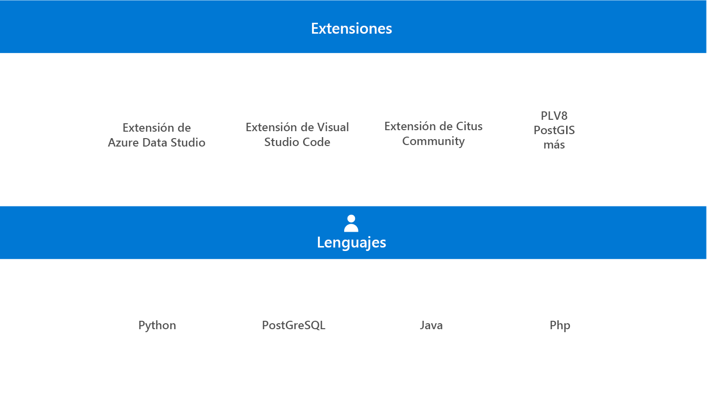 Captura de pantalla que muestra los lenguajes y extensiones PostgreSQL