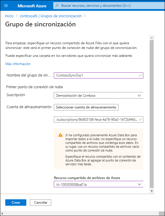 Captura de pantalla de la página Grupo de sincronización en Azure Portal. El nombre del grupo de sincronización es ContosoSyncGrp1 y los valores de la cuenta de almacenamiento y del recurso compartido de archivos de Azure están configurados.