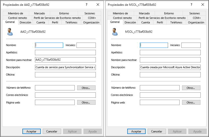 Captura de pantalla de usuarios y equipos de Active Directory. El administrador ha abierto dos cuentas: MSOL_c778af008d92 y AAD_c778af008d92. La pestaña General está seleccionada para ambas cuentas.