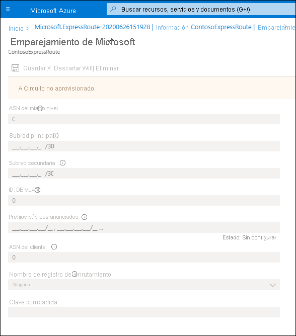 Captura de pantalla de la hoja de emparejamiento de Microsoft. No se puede configurar ningún valor porque el circuito no está aprovisionado. Sin embargo, los valores configurables son como se ha descrito anteriormente.