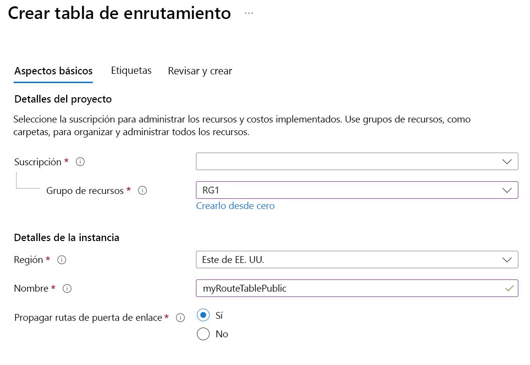 Captura de pantalla de la hoja tabla de rutas en Azure Portal.