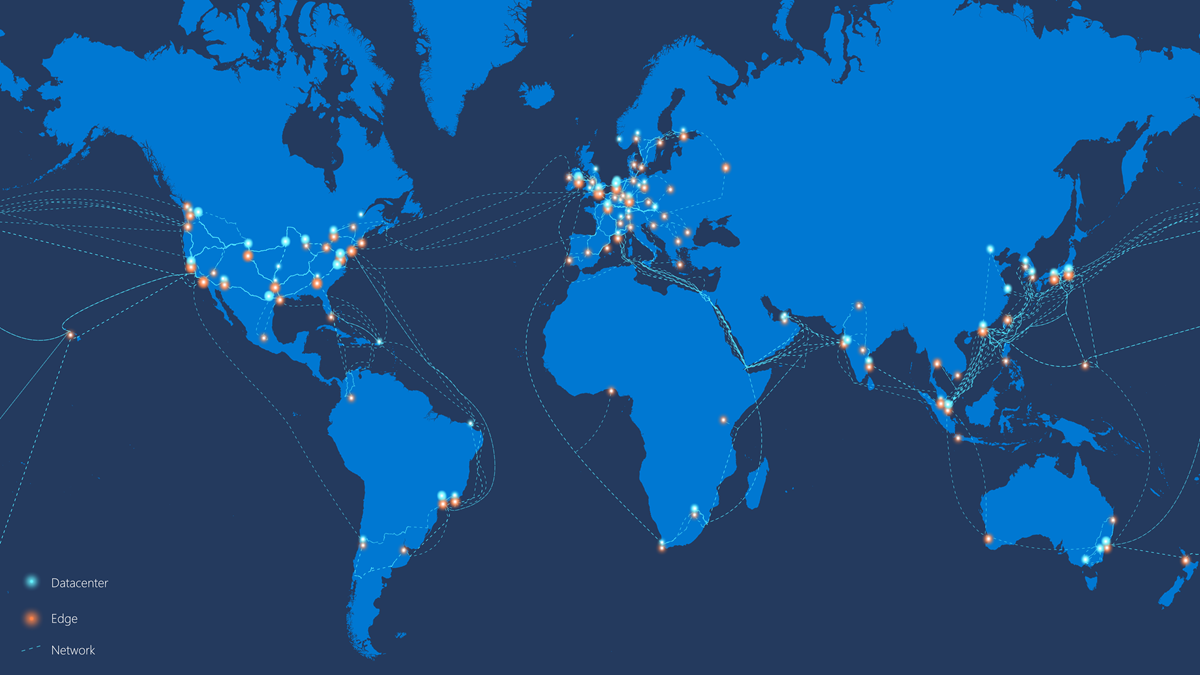 Diagrama de un mapa mundial que muestra la red global de Azure.