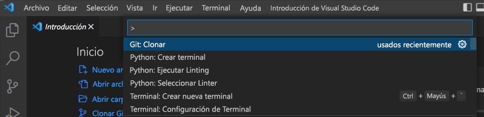 Captura de pantalla del clon de Git en la paleta de comandos de Visual Studio Code.