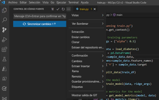 Captura de pantalla del envío de cambios en el panel de control de código fuente en Visual Studio Code.