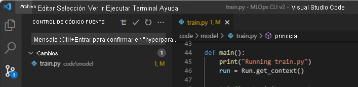 Captura de pantalla de la información general del control de código fuente de los cambios en Visual Studio Code.