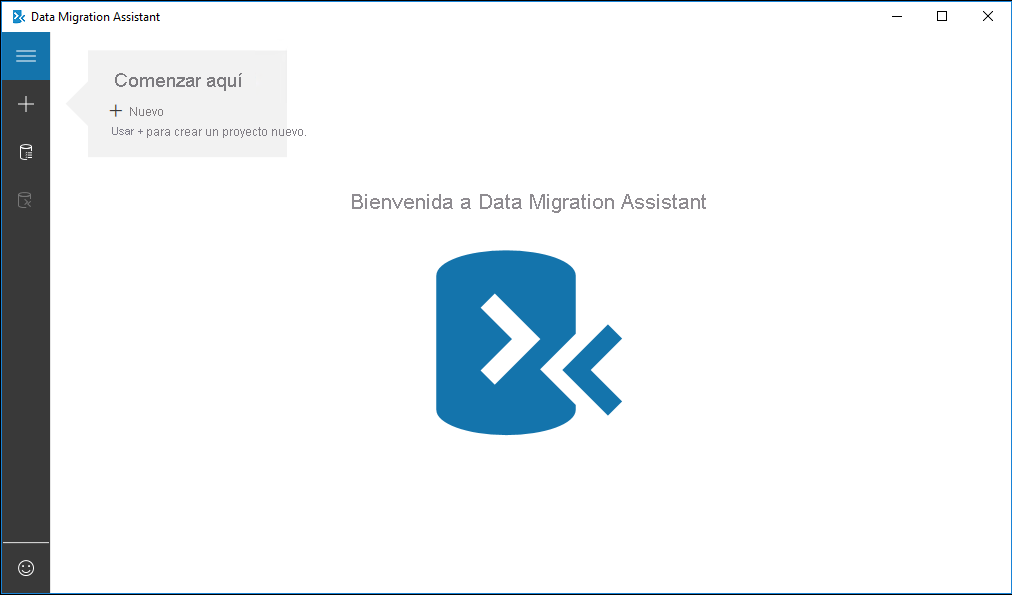 Captura de pantalla de la página de inicio de Data Migration Assistant.