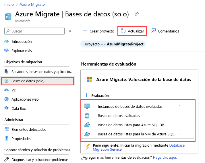 Captura de pantalla de los resultados de la valoración de bases de datos de Azure Migrate después de cargarse el informe de valoración.