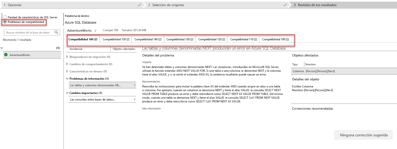 Captura de pantalla de la pestaña de revisión de resultados después de ejecutar una valoración de compatibilidad en Data Migration Assistant.