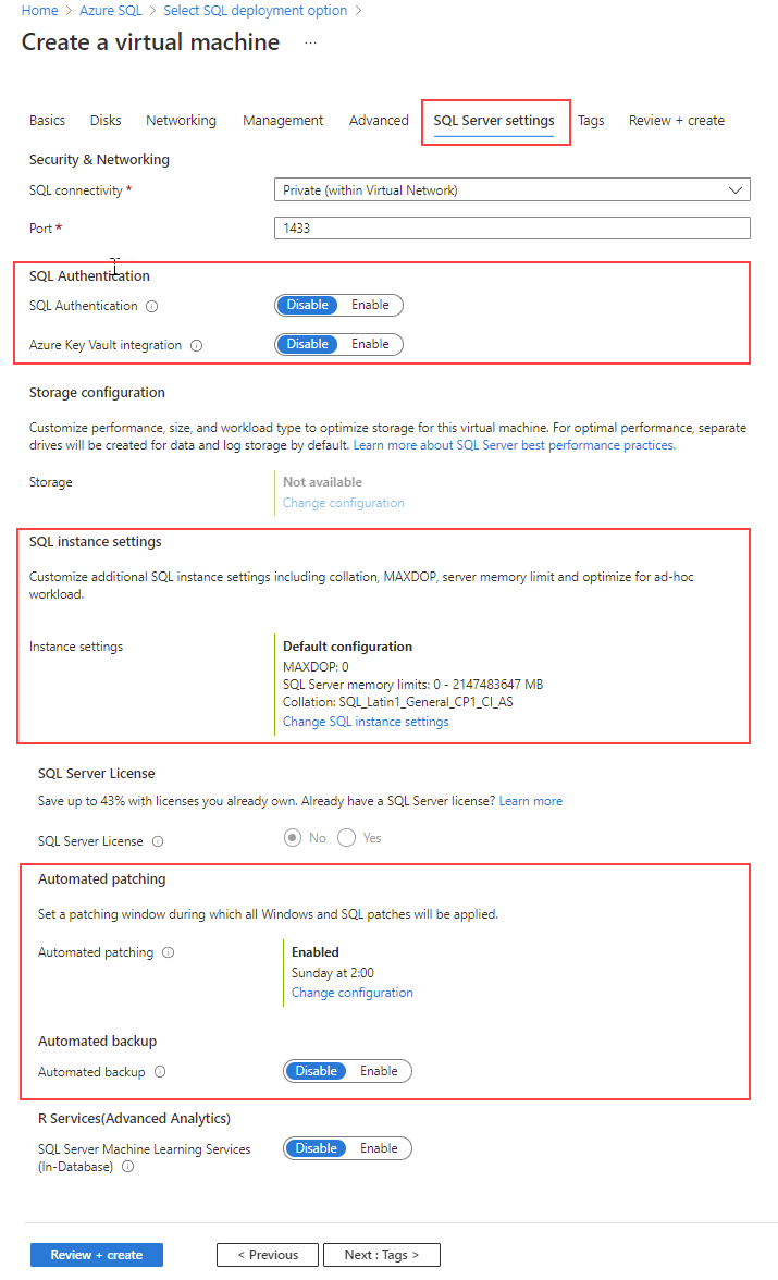 Pestaña configuración de SQL Server al crear una máquina virtual de SQL Server