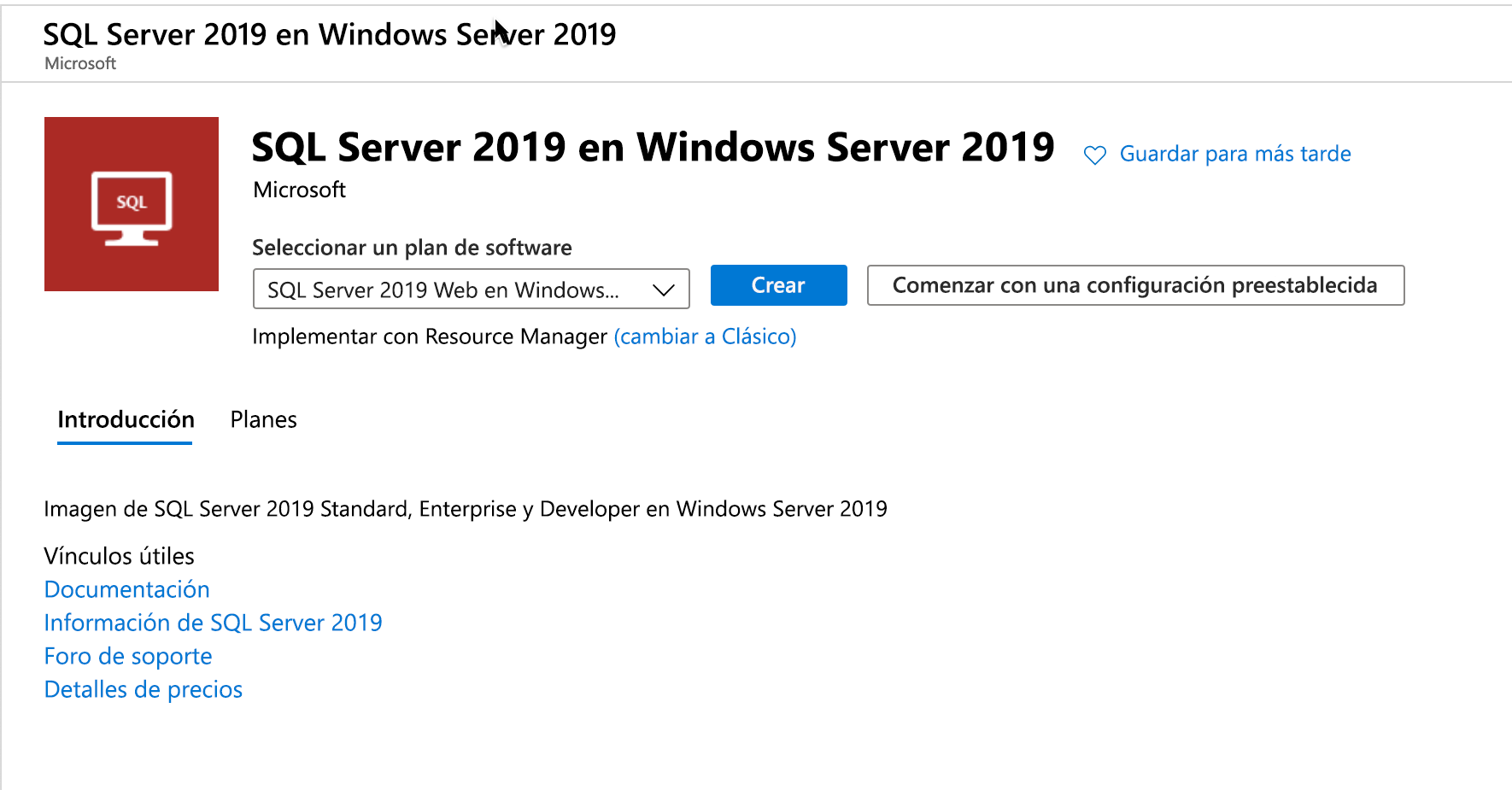 Creación de una máquina virtual con SQL Server desde Azure Marketplace.