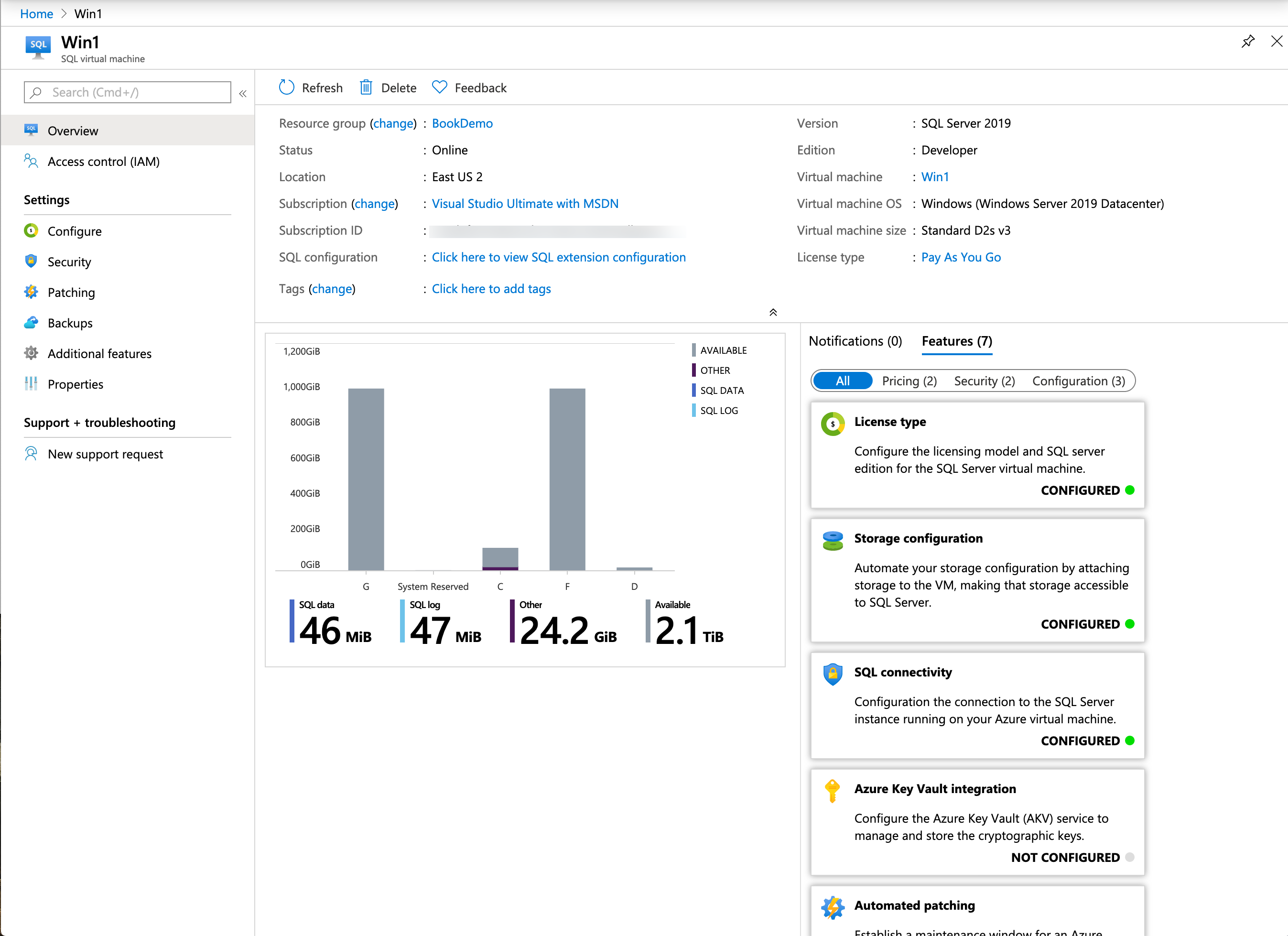 Imagen de la configuración de una máquina virtual con SQL en Azure Portal.