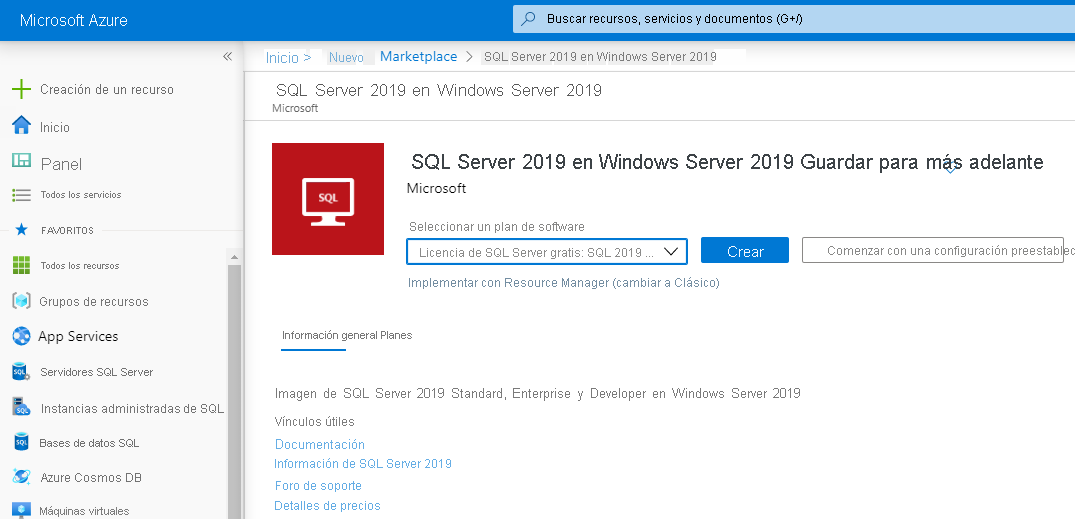 Creación de una máquina virtual con SQL Server en Azure Portal.