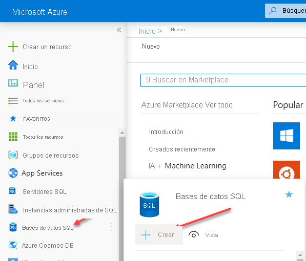 Pantalla de implementación de Azure SQL Database en Azure Portal