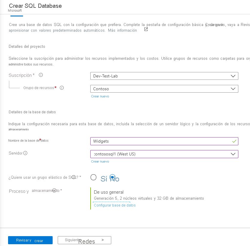 Crear una hoja de SQL Database de Azure Portal