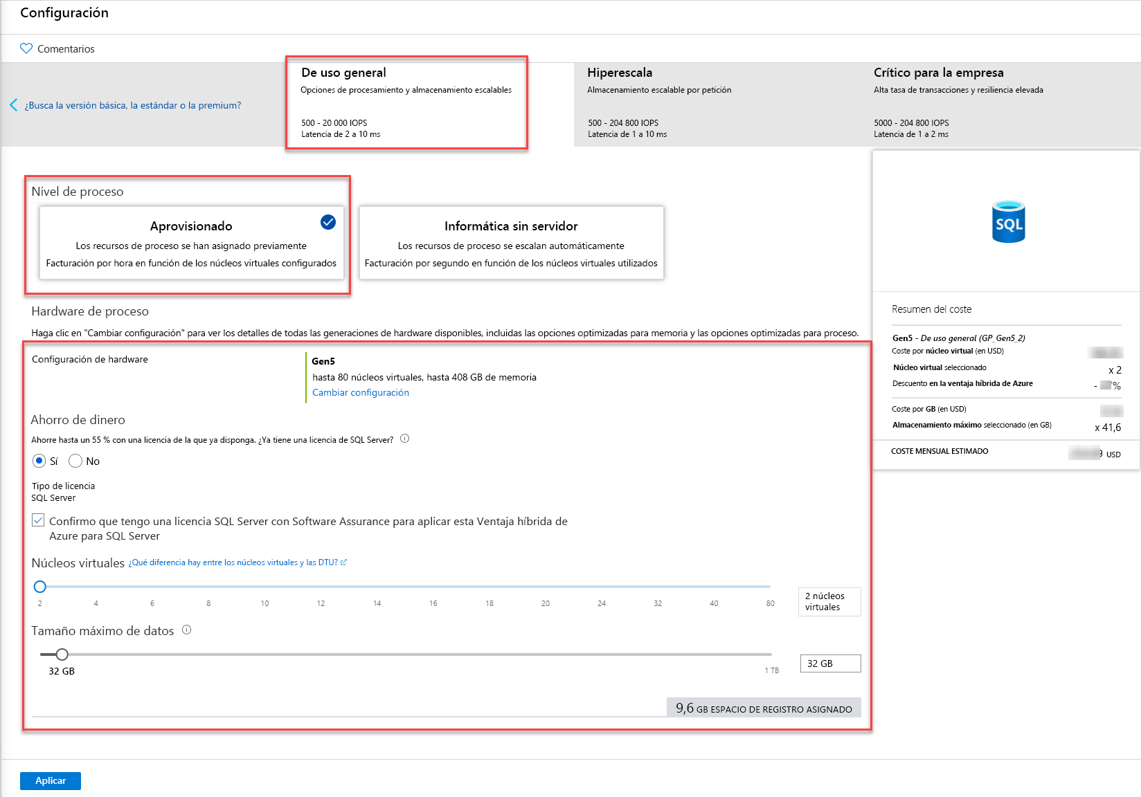 Selección de nivel de servicio en Azure Portal