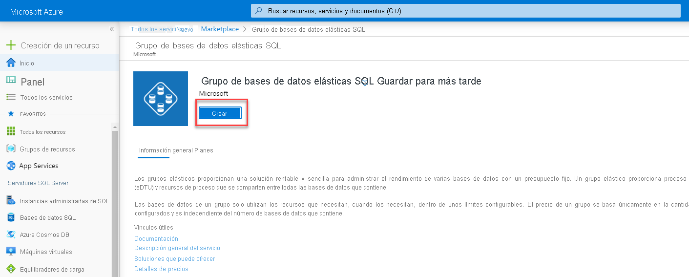 Pantalla de creación de grupo elástico en Azure Portal