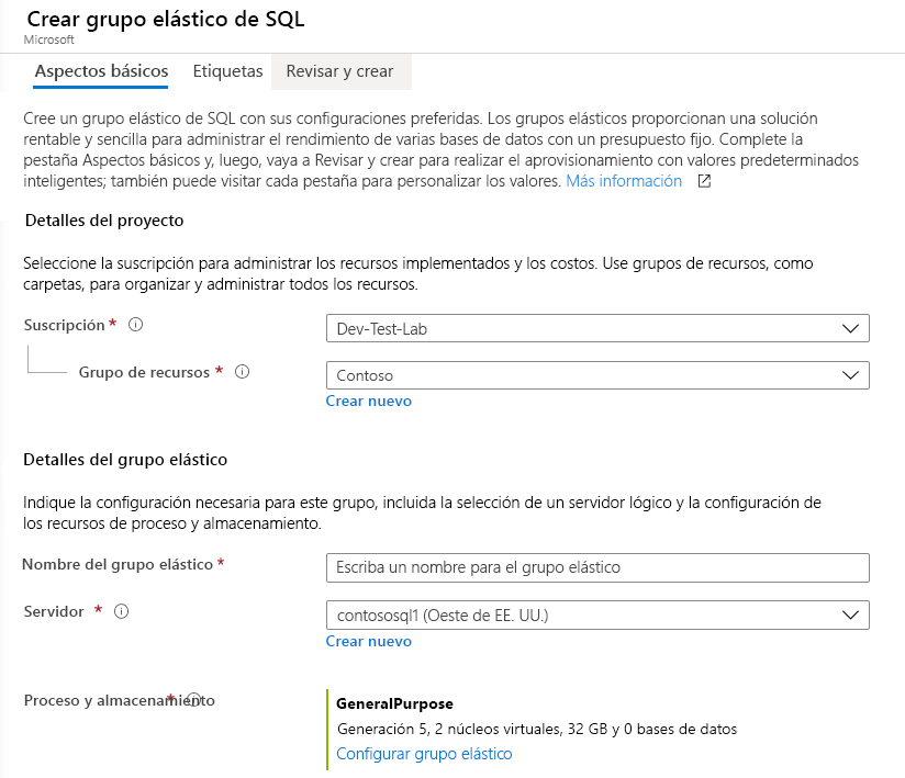 Creación de un grupo elástico en Azure Portal