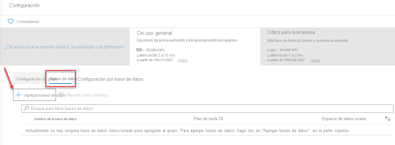 Adición de una base de datos a un grupo elástico en Azure Portal