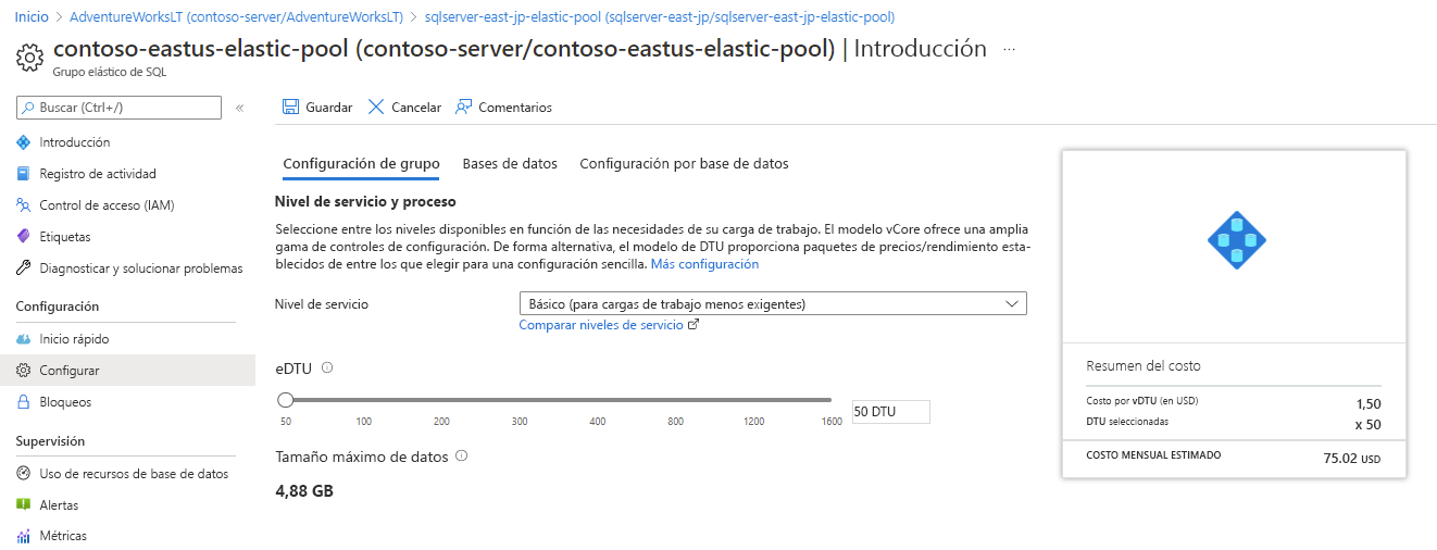 Página de Azure Portal que muestra la configuración del grupo elástico