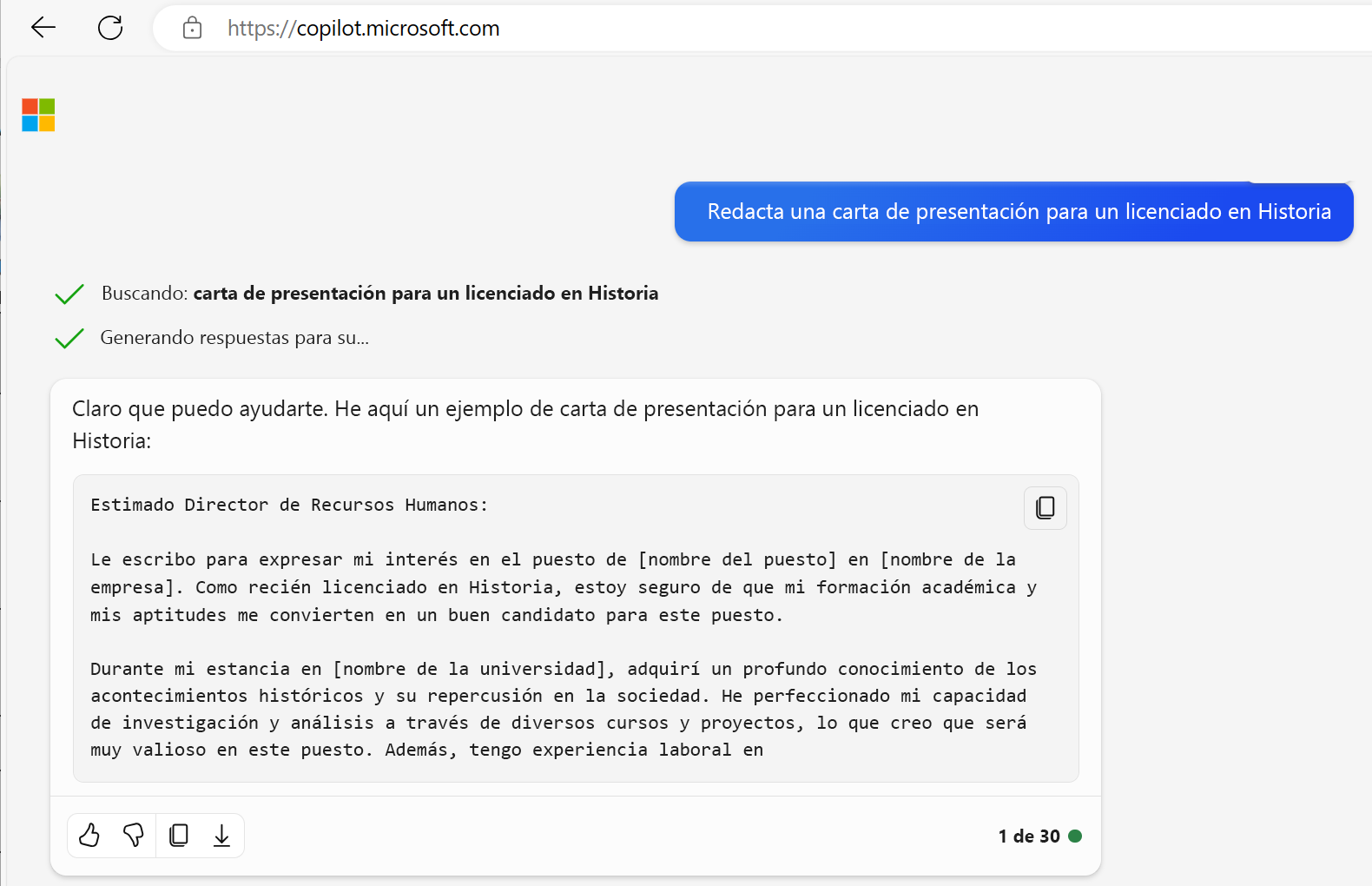 Captura de pantalla de una carta de presentación generada por IA para una persona con una licenciatura en historia.