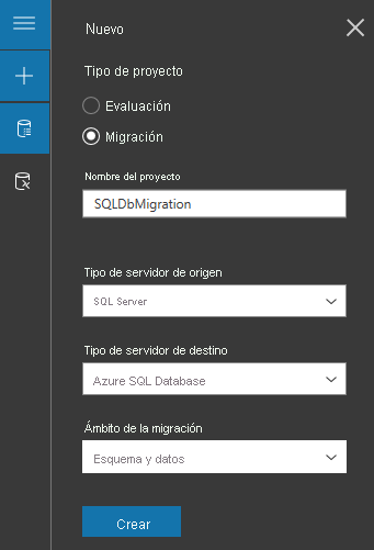 Captura de pantalla que muestra cómo iniciar un nuevo proyecto de migración en Data Migration Assistant.