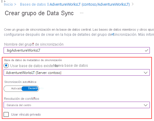 Captura de pantalla que muestra la página del nuevo grupo de sincronización en Azure Portal.