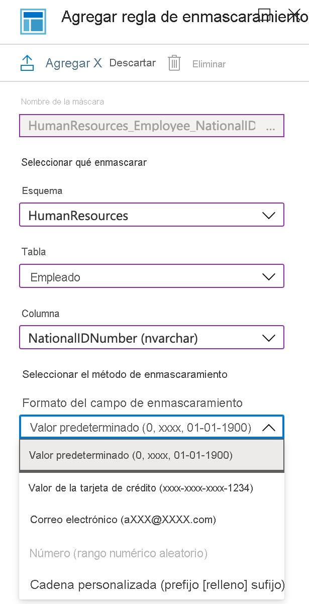 Screenshot of how to add masking rule in Azure portal.