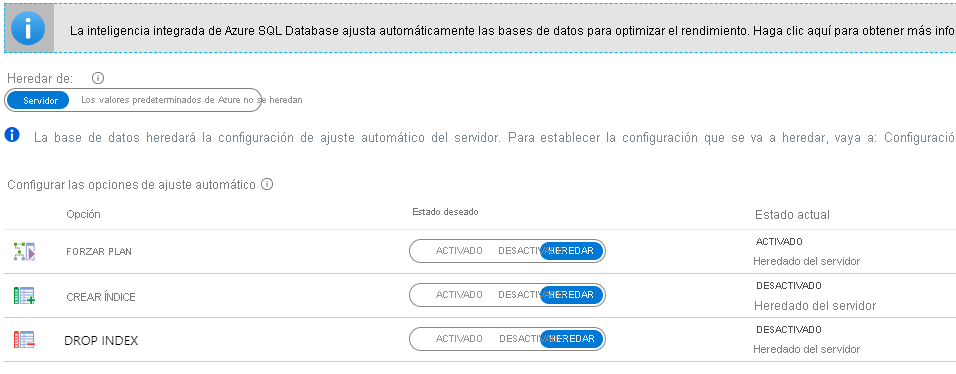 Screenshot of Automatic tuning Options for Azure SQL Database.