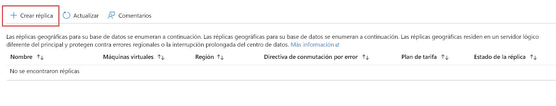 Captura de pantalla de la página de réplica de Azure SQL Database.