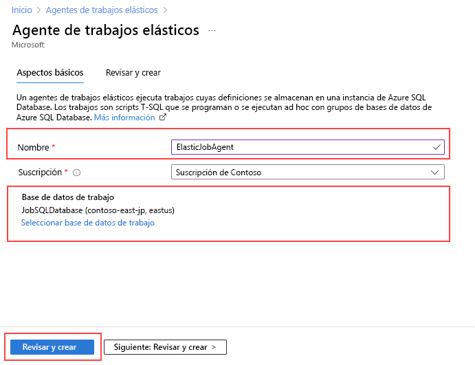 Screenshot of the elastic job agent creation page.