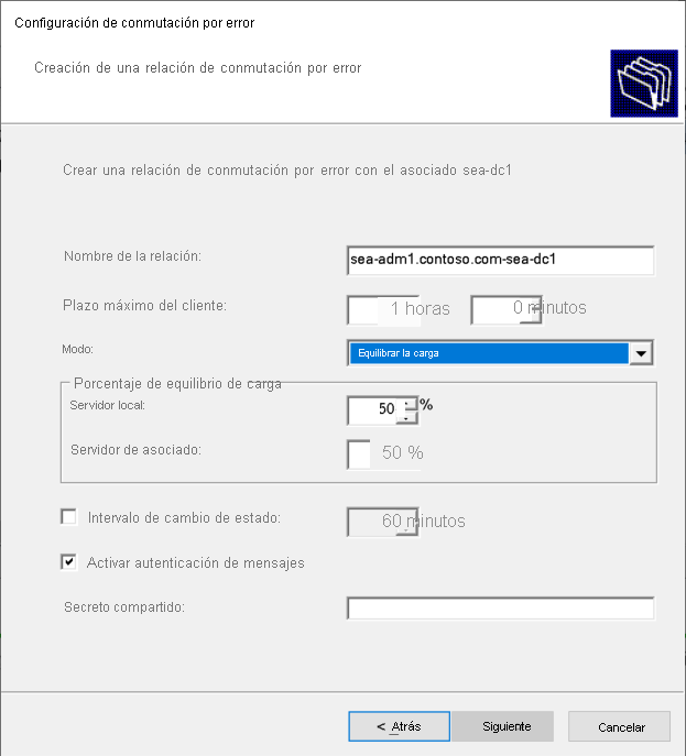 A screenshot of the Create a new failover relationship page in the Configure Failover wizard. The Mode is Load balance.