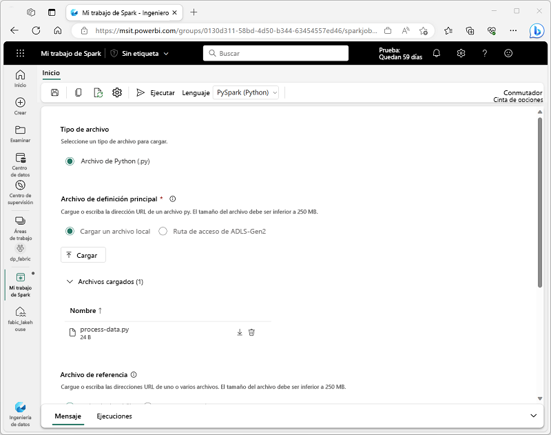 Captura de pantalla que muestra un trabajo de Spark en Microsoft Fabric.